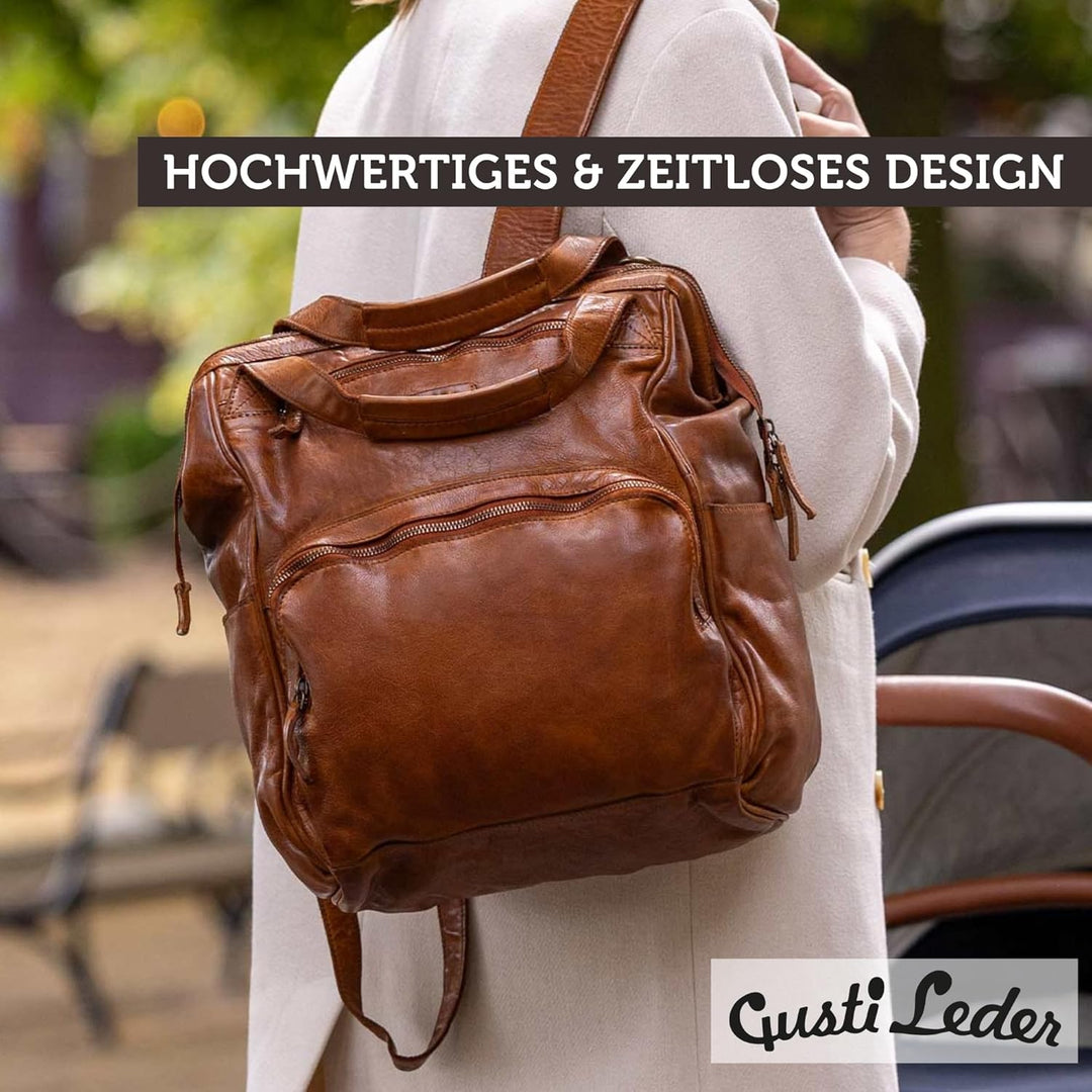 Gusti Leder Wickelrucksack Carina – Unisex Echtleder Wickeltasche für Mama und Papa, mit Flaschenhal