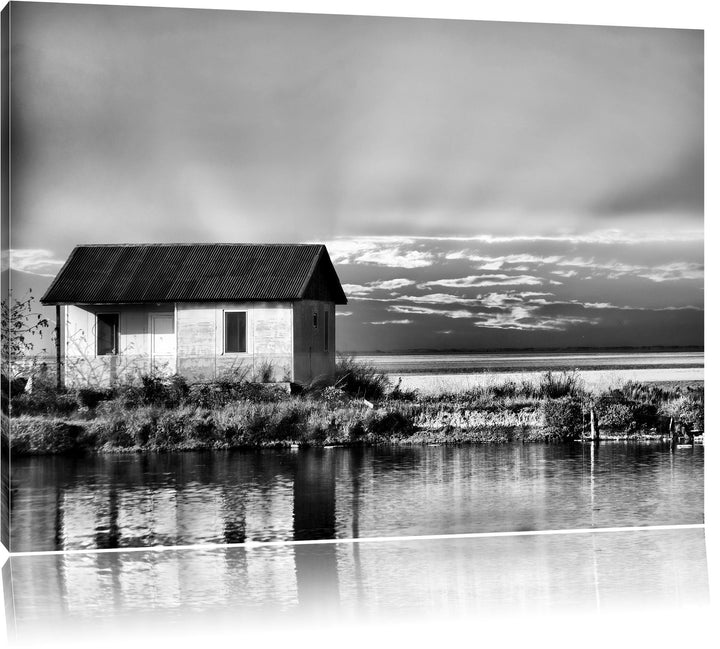 Pixxprint Haus am See bei Sonnenuntergang als Leinwandbild/Grösse: 100x70 cm/Wandbild/Kunstdruck/fer