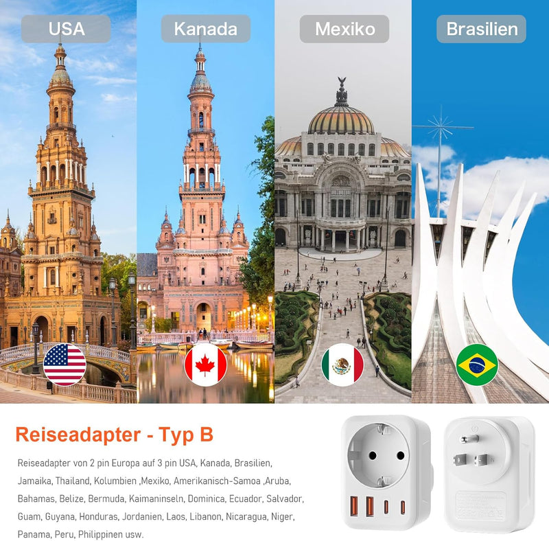 2 Pack USA Adapter Steckdose, 5-In-1 Adapter USA Deutschland Stecker mit 1 AC 2 USB-C 2 USB-A (3.4A)