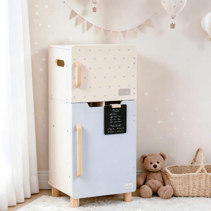 ROBUD Holzspielzeug-Kühlschrank-Set, Rollenspiel-Kühlschrank für Kinder mit Tafel, Gefrierfach, Kühl