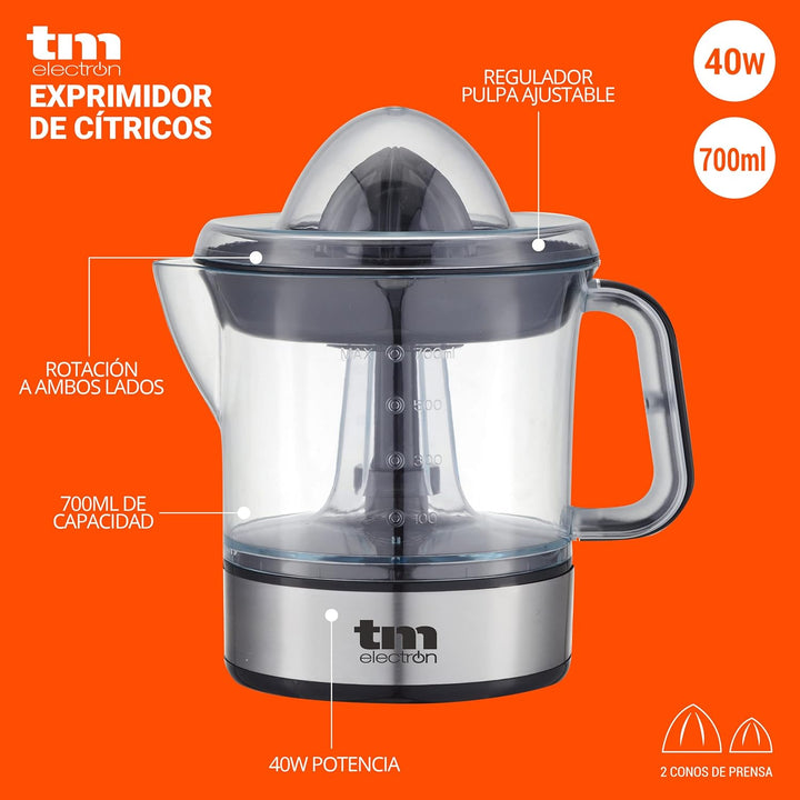 TM Electron TMPEX005 Elektrische Zitruspresse mit Krug 700 ml, 2 Presskegel, einstellbarer Fruchtfle