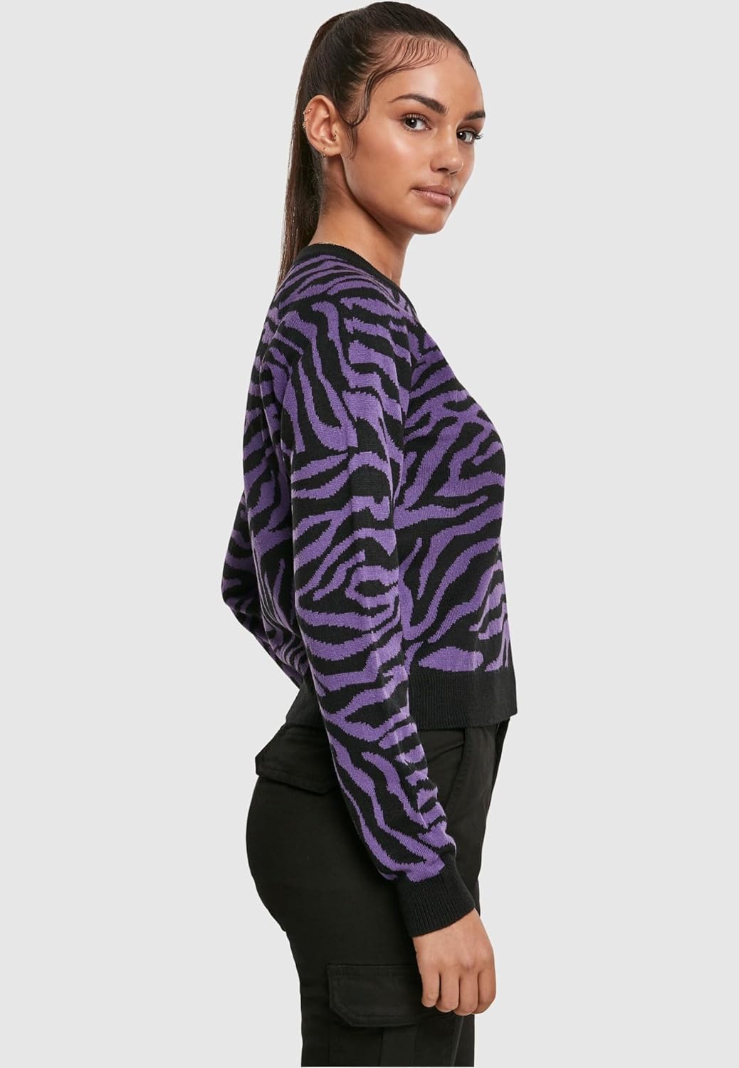 Urban Classics Damen Ladies Short Tiger Sweater Pullover, Mehrfarbig (Blk/Pur 00040), Small (Herstel