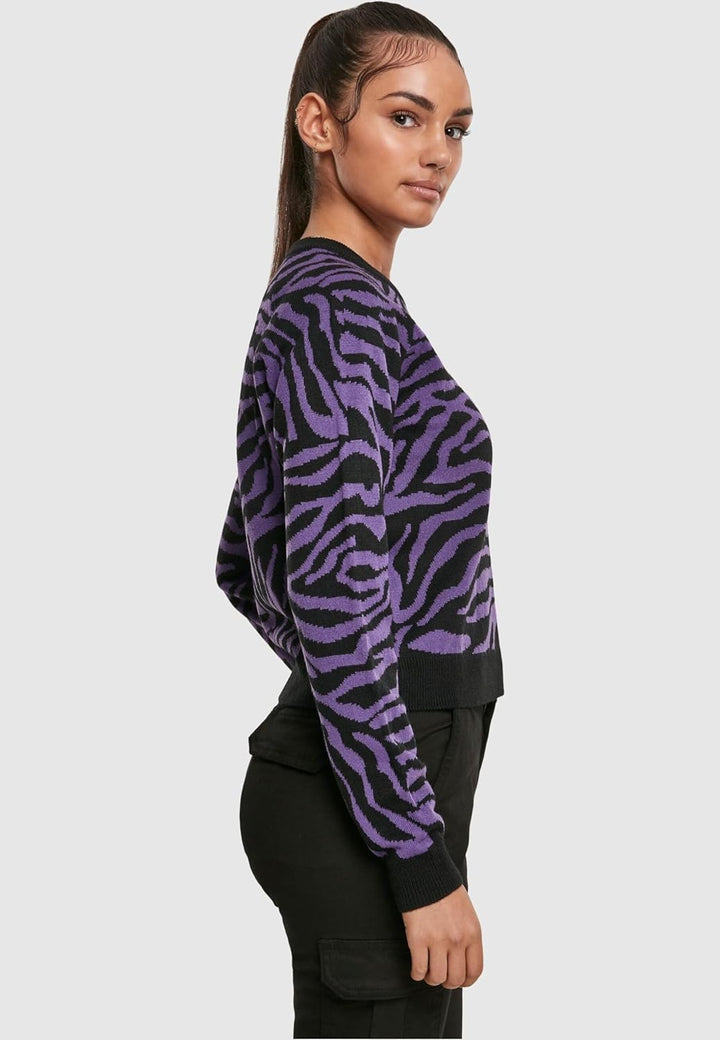 Urban Classics Damen Ladies Short Tiger Sweater Pullover, Mehrfarbig (Blk/Pur 00040), Small (Herstel