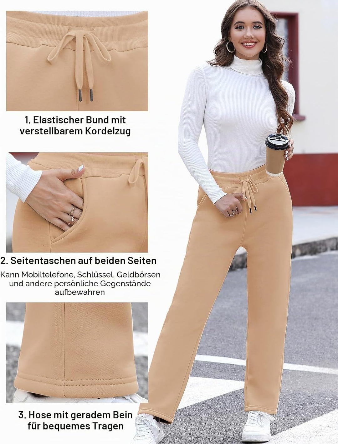 Damen Warme Jogginghose Thermo Fleece Gefütterte Winter Hosen Lamm Plüsch Kordelzug Sweathose mit Ta