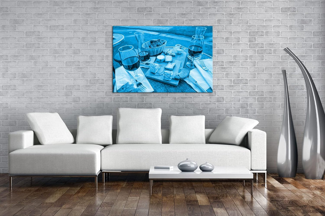 deyoli appetitliches Wein und Käse Buffet Format 80x60 Effekt: Monocrome Blau als Leinwandbild, Moti