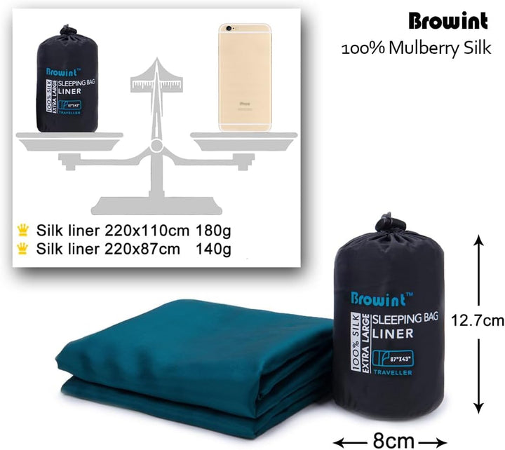 BROWINT Seidenschlafsack, Hüttenschlafsack aus 100% Naturseide, Extrabreite 220x110cm, 220x87cm, 185