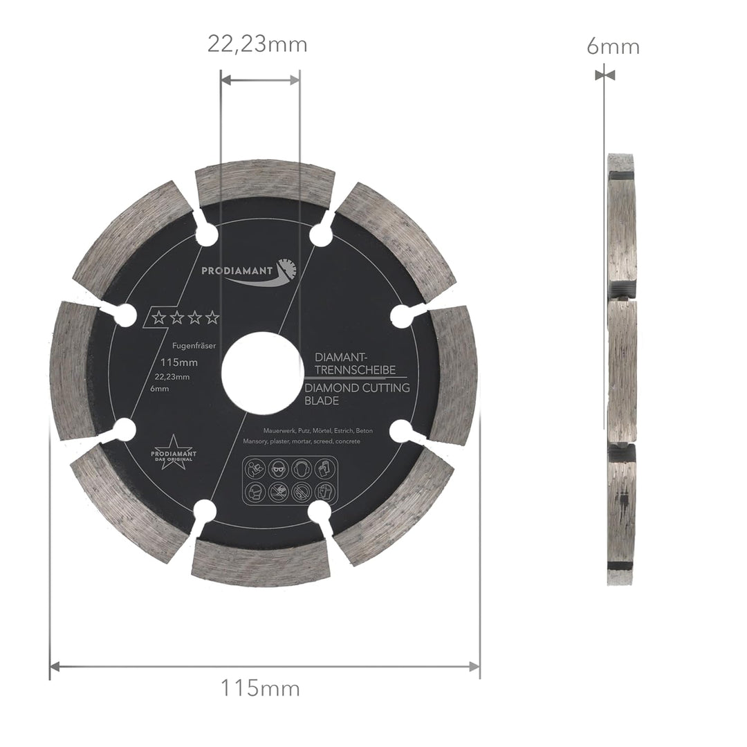 PRODIAMANT Fugenfräser ø 115 mm Breite 6mm für Mörtel Beton Mauerwerk und Putz 10mm Diamantsegment P