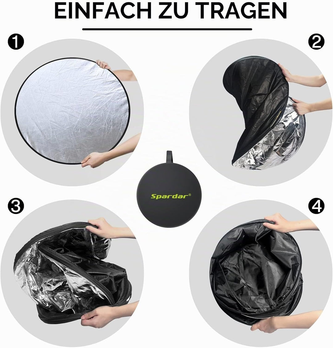 Spardar 110CM 5 in 1 Reflektor Mit Stativ, Runder Faltreflektor (Diffusor und Gold/Silber/Weiss/Schw