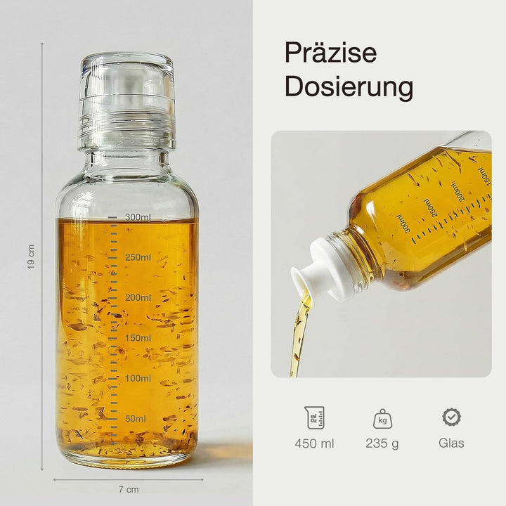 Dressingshaker aus Glas mit Skalierung 300ml | Dressing Behälter mit tropffreien Ausguss, spülmaschi