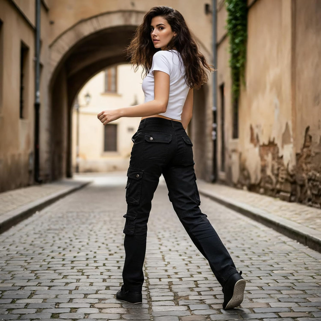 Aeslech Cargo Trousers Women, Women's Work Combat Trousers, Straight Leg Pants with Pockets for Ladi