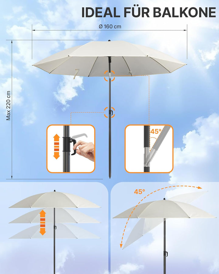 4smile Sonnenschirm Balkon Ø 160 cm SunnyJoy, Beige - UPF 50+ Strandschirm, sicherer Sonnenschirm St