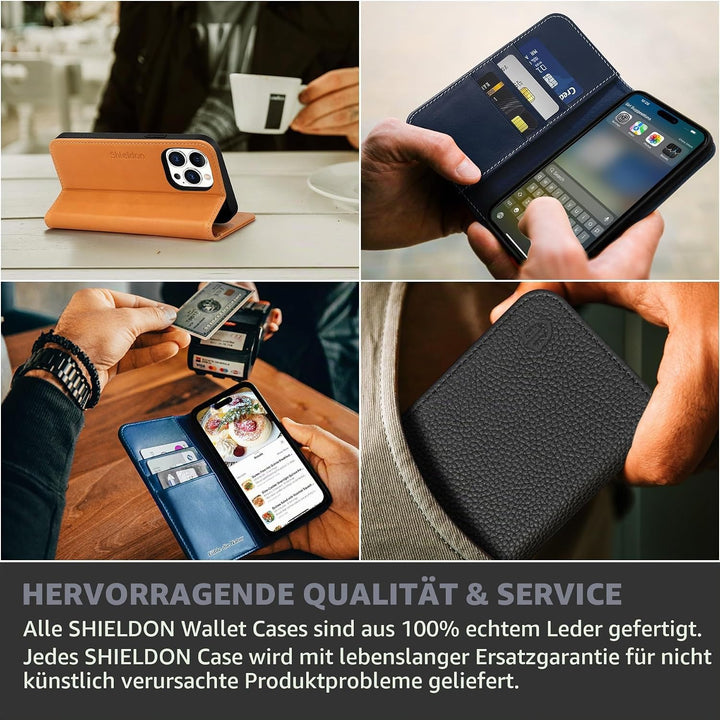 SHIELDON Hülle für iPhone 15 Pro Max, Handyhülle [Kartenfächer] [Echtes Rindsleder] [Standfunktion]