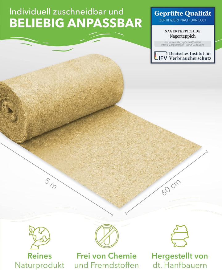 Nagerteppich aus 100% Hanf auf Rolle mit 5m Länge, 60cm Breite, 10mm dick,Hanfteppich für alle Arten
