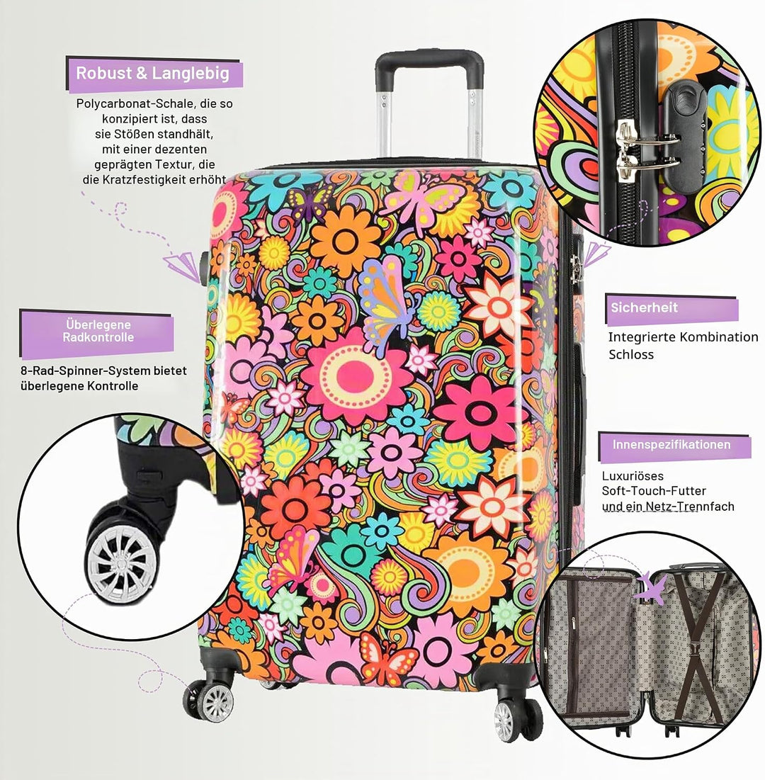Infinity Leather Hartschalen-Koffer 4 Rädern Set Blume Drucken Gepäck Leichtgewicht Kabine Reisetasc