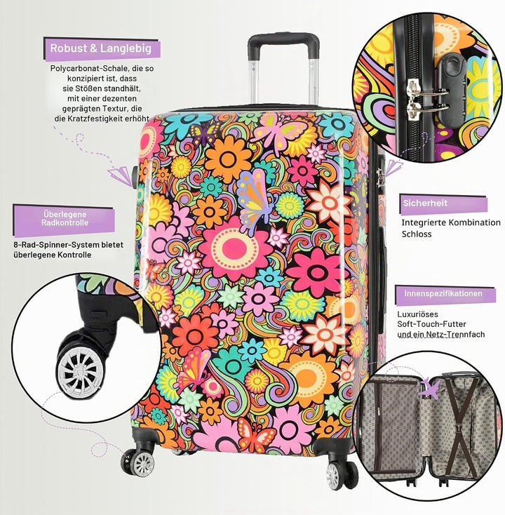 Infinity Leather Hartschalen-Koffer 4 Rädern Set Blume Drucken Gepäck Leichtgewicht Kabine Reisetasc
