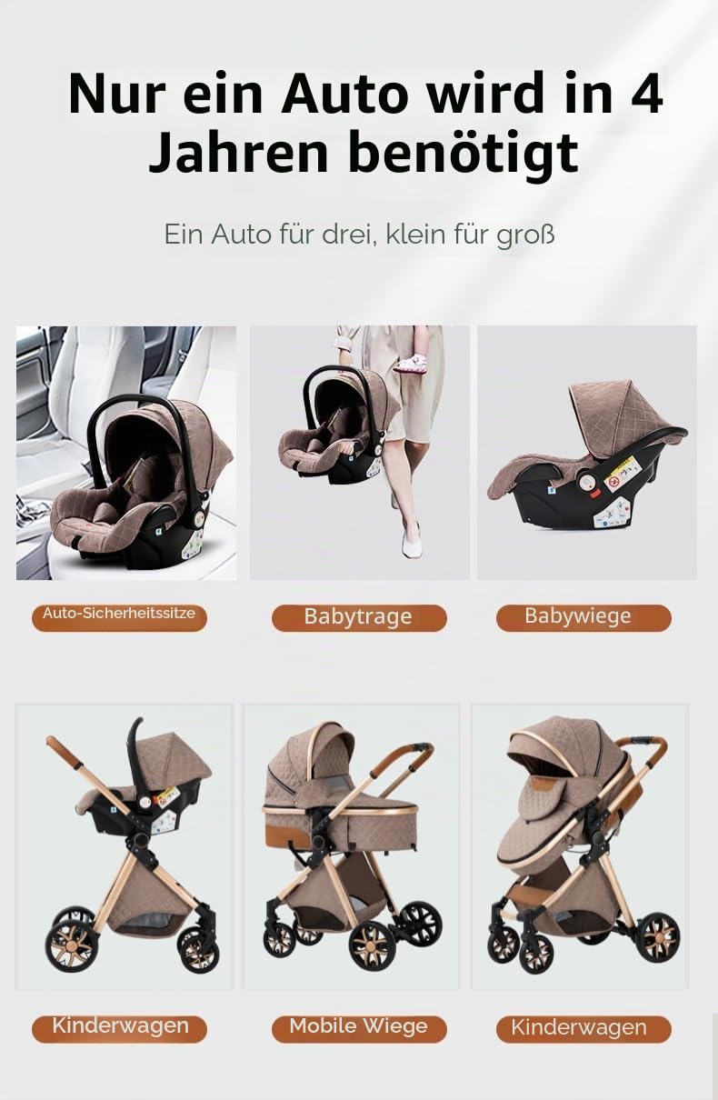 YAZOCO kinderwagen 3 in 1, Zusammenklappbar kinderwagen mit Wickeltasche,Komplettset Becherhalter,Mo