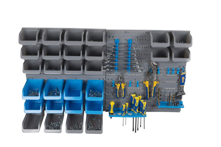 Kinzo - Formwand - 43 Teile - Handlich Ablagefächer - Haken und Racks, Grau, Blau