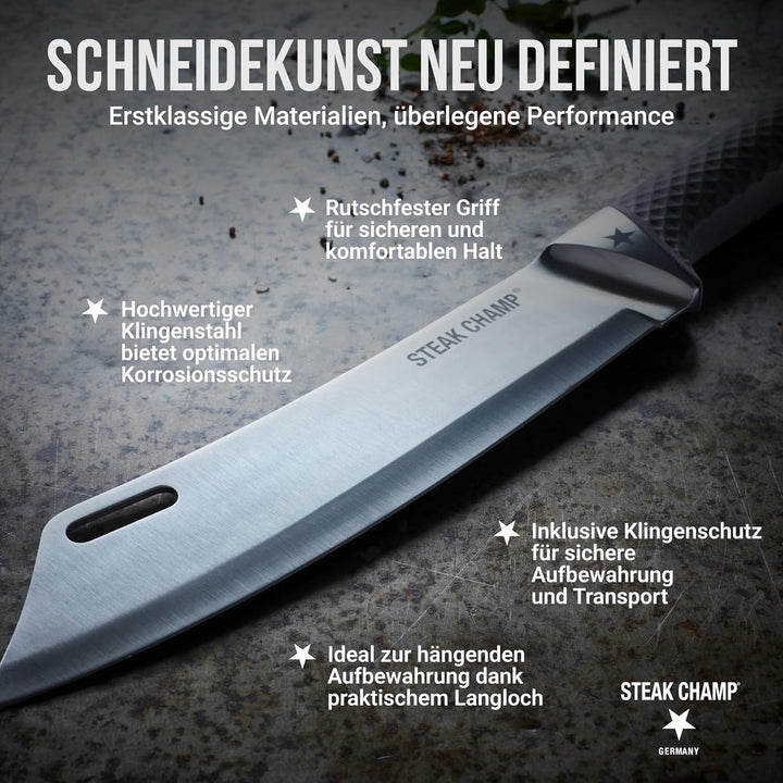 STEAK CHAMP BBQ Pro Kochmesser 22cm, Klinge aus hochwertiger Stahllegierung X50CrMoV15 (Klingenstahl