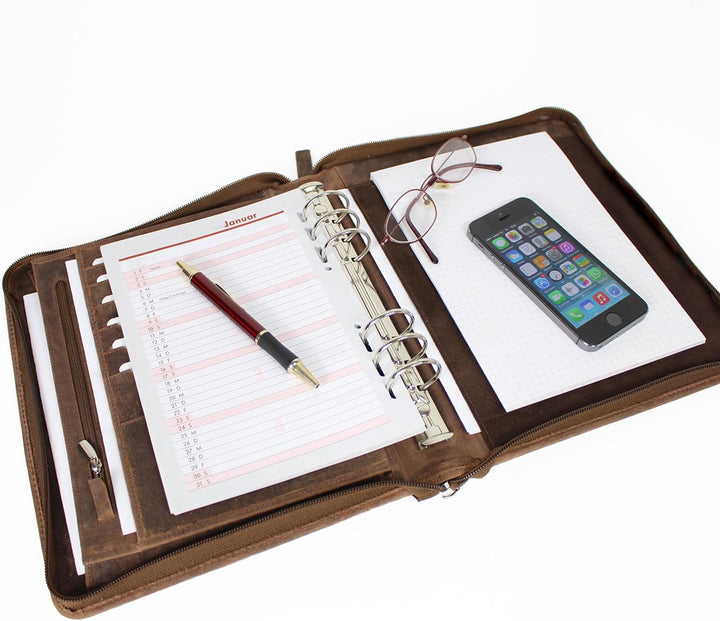 ALMADIH Leder A5 Organizer Reissverschluss + Kalender 2024 Schreibblock BV Premium Rindsleder Lederm