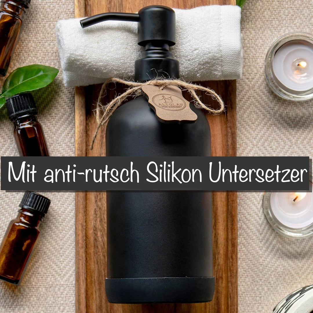 ALTGLAS Seifenspender Set 'Sarajevo' aus Schwarzer Glas Flasche mit Edelstahl Pumpkopf und Silikon U