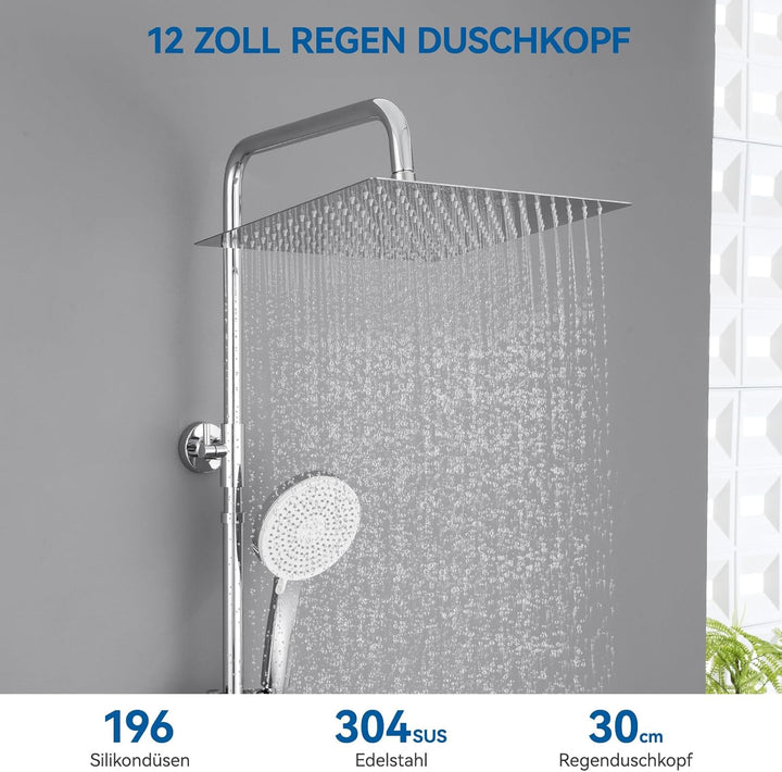 Auralum Duscharmatur Komplettset, Duschsystem mit Thermostat, 30cm Edelstahl Regendusche, 5 Strahlar
