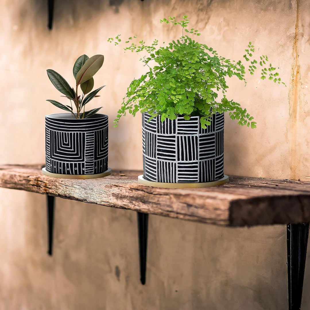 Olly & Rose Designer Schwarze Blumentöpfe Set 2 mit goldenen Untersetzern Keramik Blumentopf Übertöp