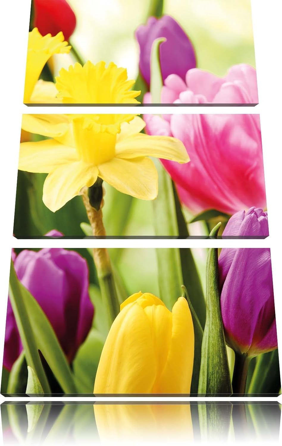 Pixxprint Farbenfrohe Osterglocken und Tulpen 3-Teiler Leinwandbild 120x80 Bild auf Leinwand