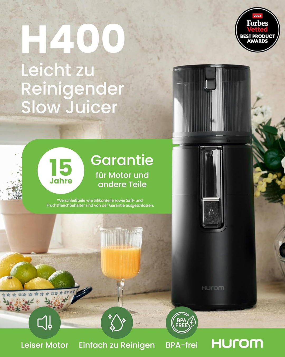 HUROM | H400 | Entsafter für Obst und Gemüse | Hurom Easy Clean H400 | Schneidschale | 150 Watt | BP