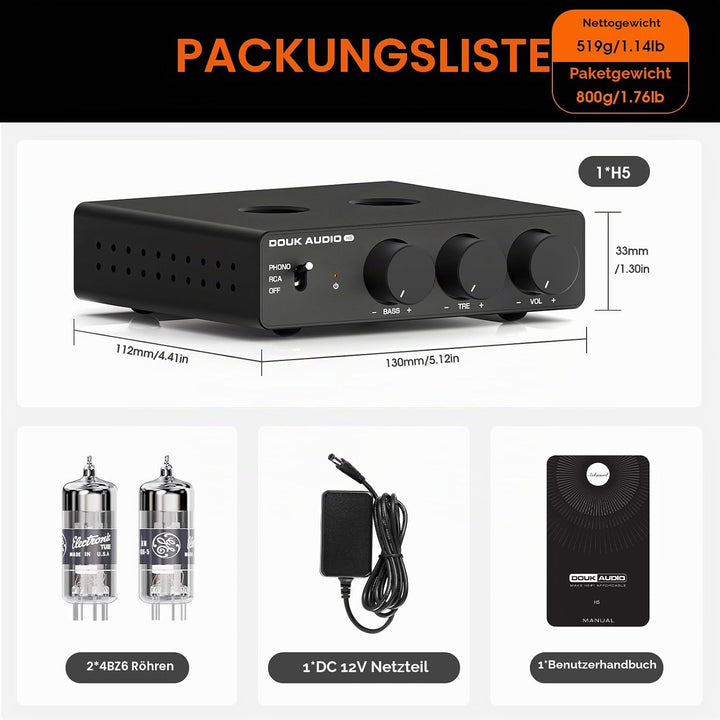Douk Audio Röhrenvorverstärker MM Phono-Stufe HiFi Stereo-Vorverstärker mit Tiefpassfilter, Subwoofe