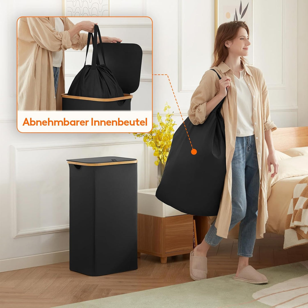Lifewit 100L Wäschekorb mit Deckel, Wäschekörbe für Wäsche mit Bambus Griffe und Eine Abnehmbare Wäs