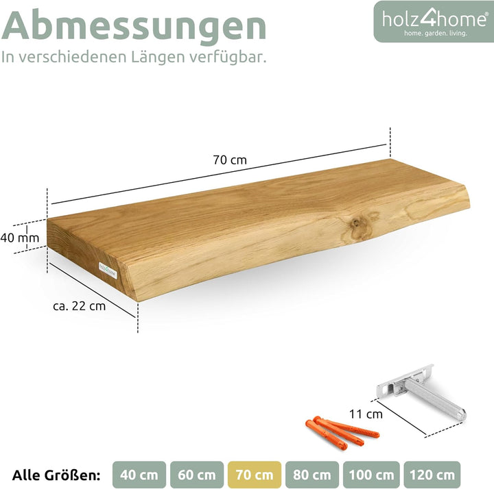 holz4home® Wandregal mit Baumkante 70 cm Länge, Natur Geölt I Schweberegal Massivholz mit unsichtbar