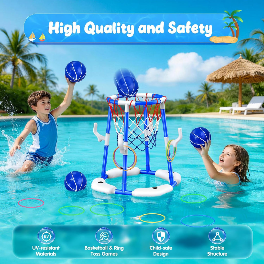 HaoVrisn Pool Basketballkorb Kinder Set, 2-in-1 Pool Spielzeug mit Ringwurf Spiel- 4 Bälle, 12 Ringe