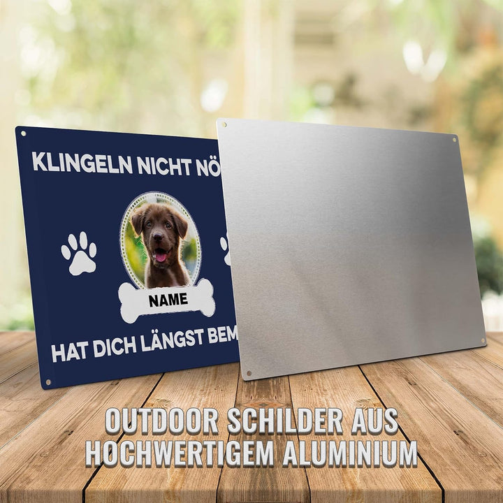 Hunde Schild personalisiert - Klingeln nicht nötig - Metallschild mit Foto und Name für aussen, wett