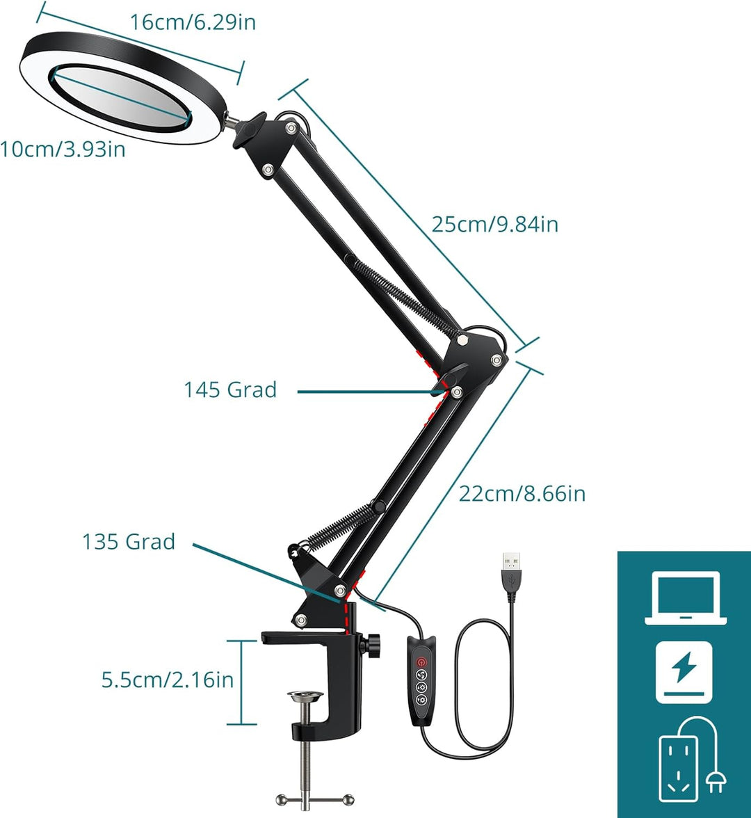 8X/15X LED Lupenleuchte mit Schwenkarm, Lupe mit Licht, Tischlampe mit 3 Farbmodi 10 Helligkeitsstuf