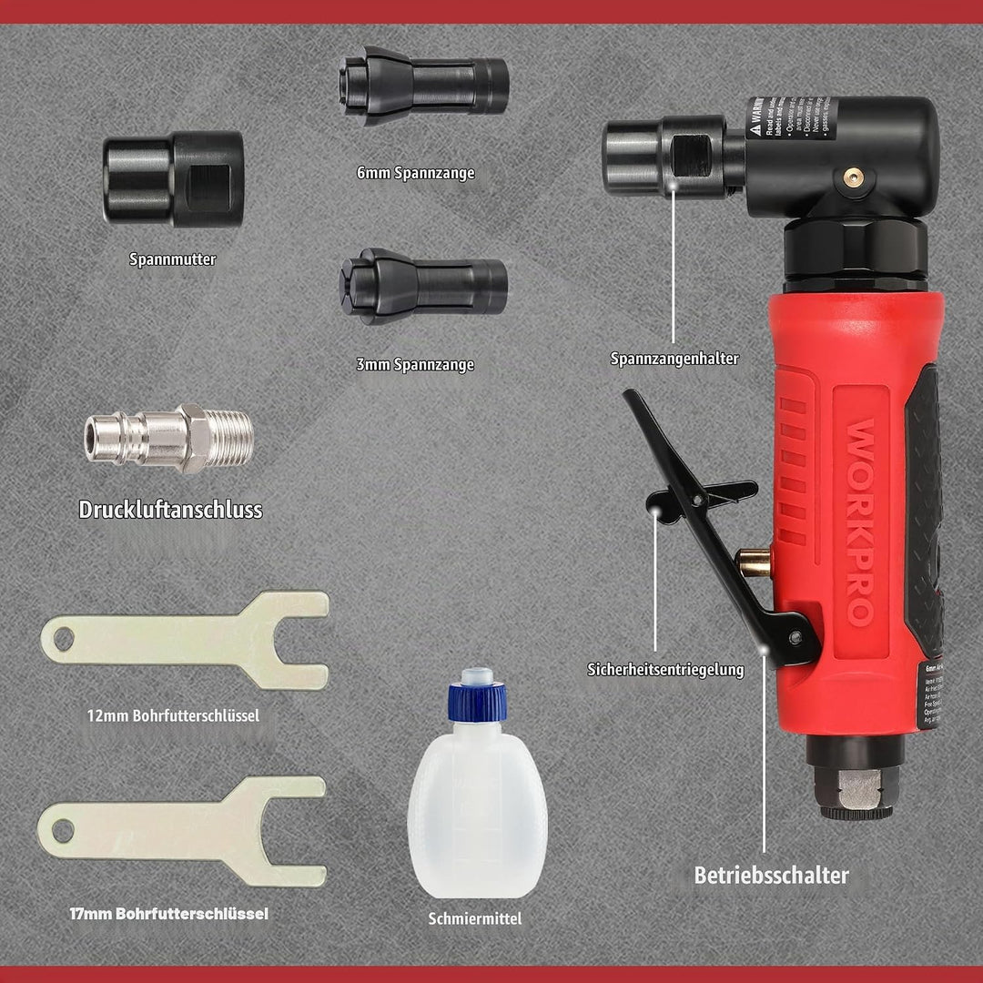 WORKPRO Druckluft Stabschleifer 90° Winkel Schleifer 1/4" (6,3mm) Druckluftschleifer, Druckluft Wink