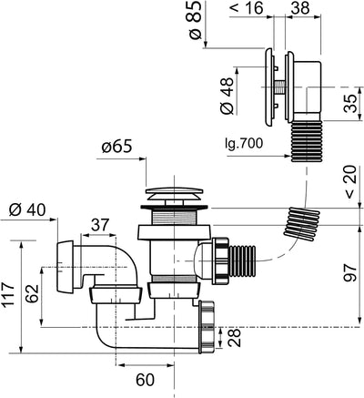 Wirquin, weiss 30723100 Badewannenabflussset L700 mit schwenkbarem Siphon, Deckelklappe und Abdeckun