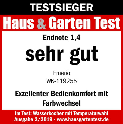 Emerio WK-119255 TESTSIEGER Haus & Garten Test 02/2019, Glas Wasserkocher mit Temperaturwahl (60°C/7