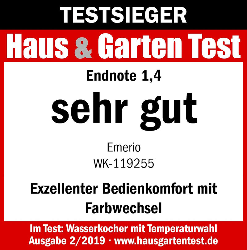 Emerio WK-119255 TESTSIEGER Haus & Garten Test 02/2019, Glas Wasserkocher mit Temperaturwahl (60°C/7