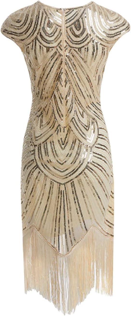 MIMIKRY 20er Jahre Charleston Pailletten Kleid Creme/Gold mit Fransen Flapper Damen-Kostüm, Grösse:X