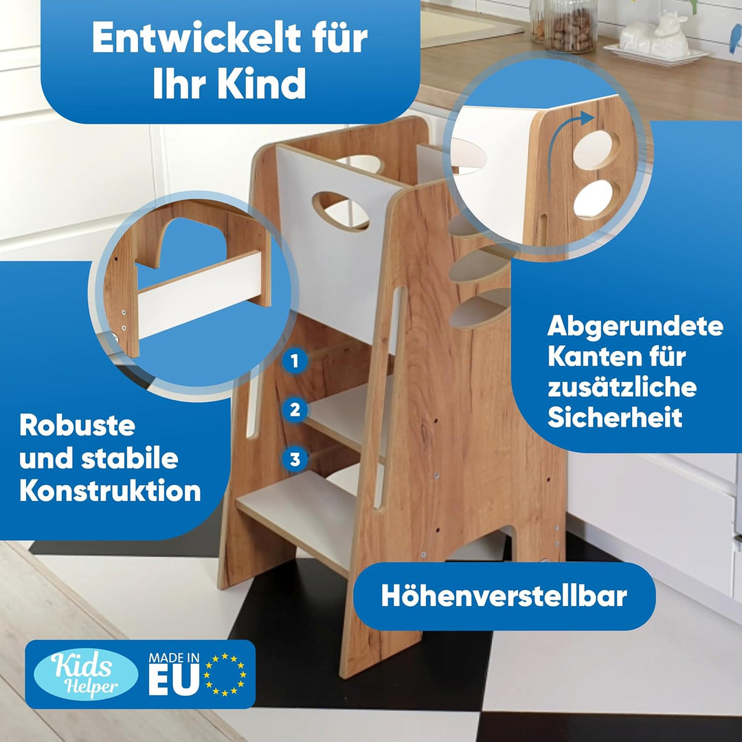 Kitchen Kids Helper Lernturm ab 1 Jahr - Höhenverstellbarer Lernturm Montessori Eiche-Weiss 80cm - S