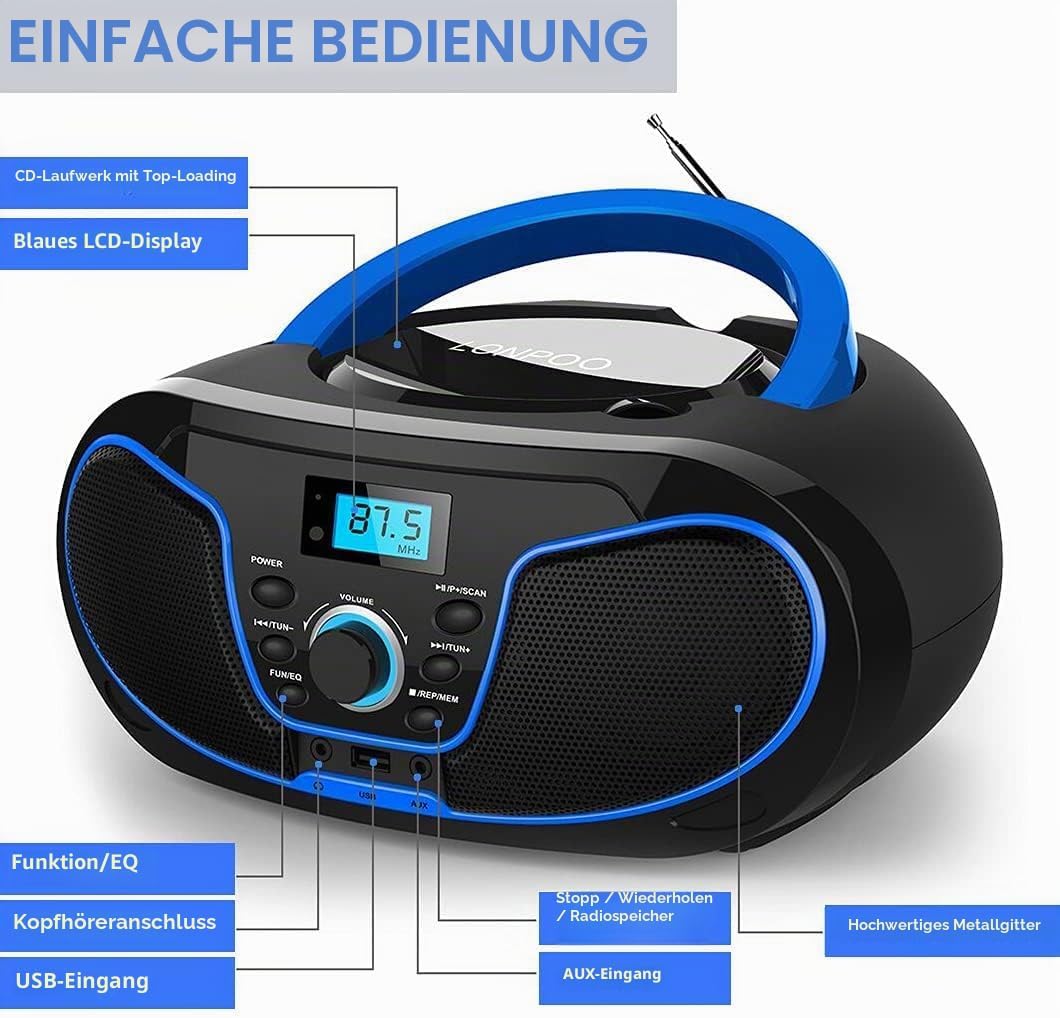 Tragbares CD-Radio - Kinder CD-Player Boombox mit USB-Eingang | AUX-Eingang | Kopfhöreranschluss | U