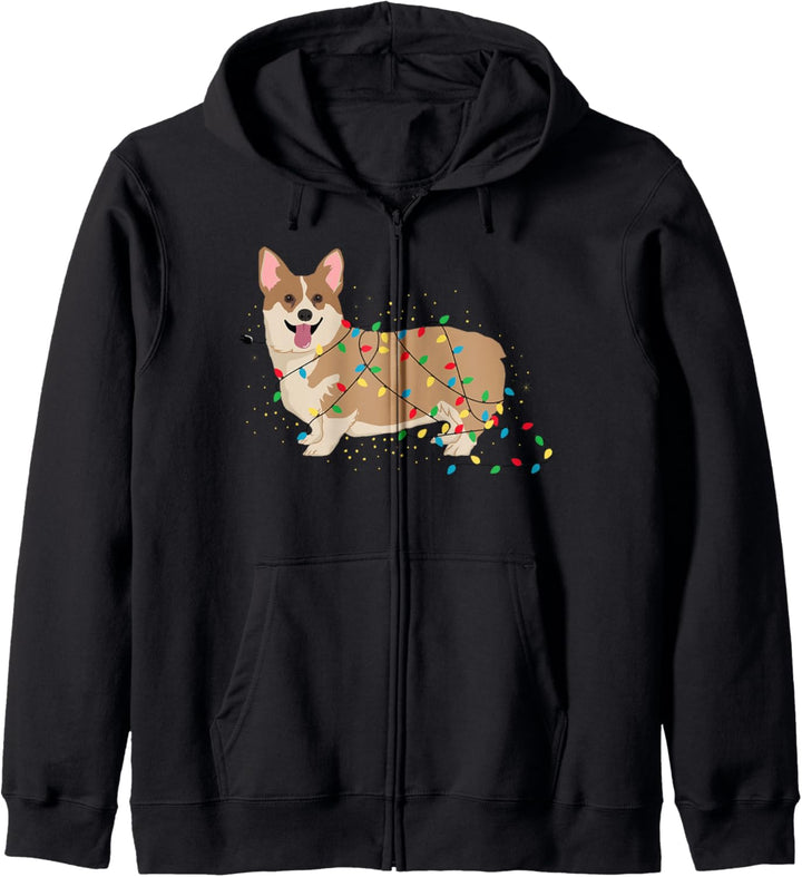 Corgi Hund verwickelt in Weihnachtsbaum Lichter Welpe Kapuzenjacke