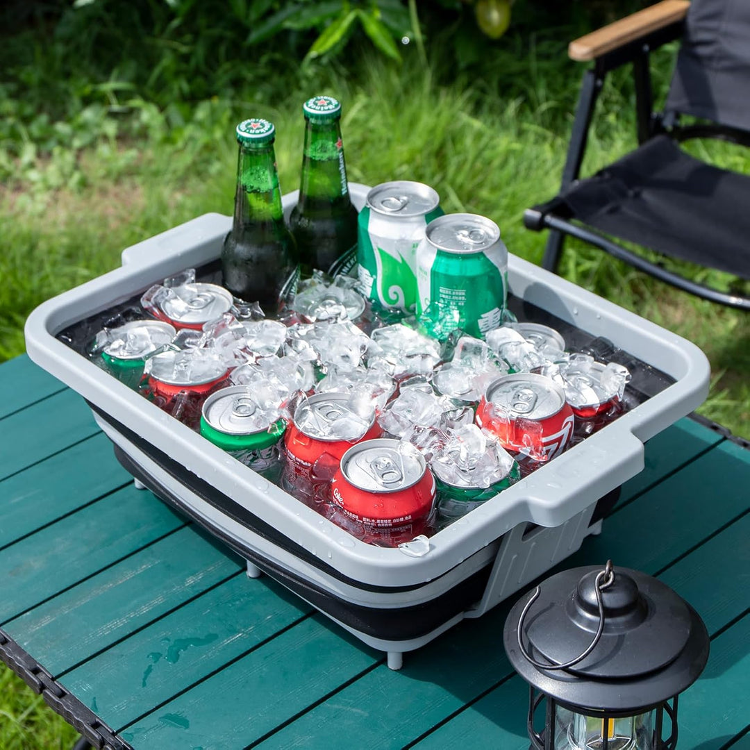 Zusammenklappbare Grillwanne mit Deckel (8L) – Falbbares Camping-Spülbecken mit Siebeinsatz | 4-in-1