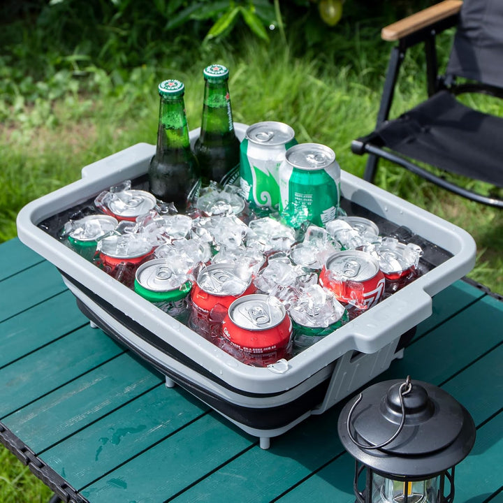Zusammenklappbare Grillwanne mit Deckel (8L) – Falbbares Camping-Spülbecken mit Siebeinsatz | 4-in-1
