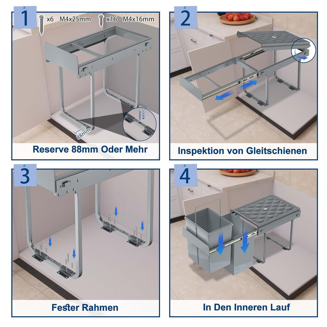 VA-Cerulean 2 Fächer Einbaumülleimer System 2x15 Liter, Abfallsammler Ausziehbarer Mülleimer mit Tel