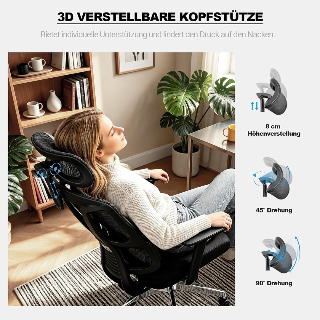 MELOKEA Bürostuhl Ergonomisch, 4D-Armlehnen, Verstellbare Sitztiefe, 3D-Kopfstütze, Gummirollen, Hoh