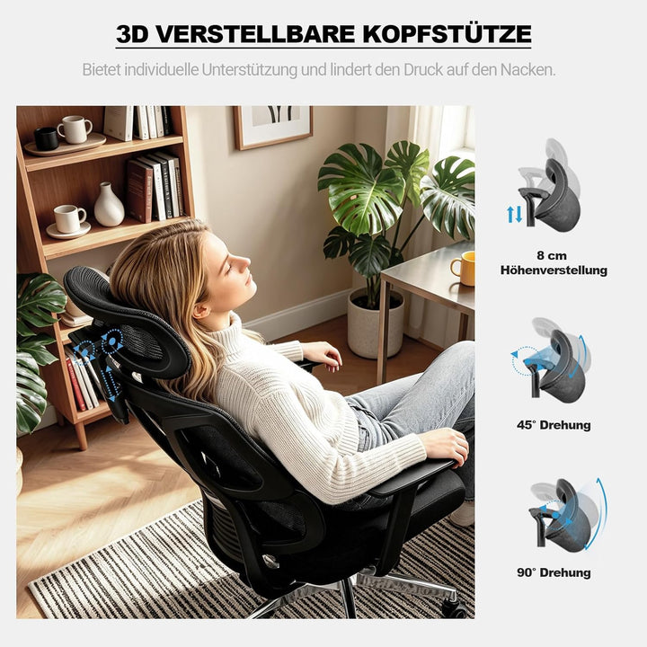 MELOKEA Bürostuhl Ergonomisch, 4D-Armlehnen, Verstellbare Sitztiefe, 3D-Kopfstütze, Gummirollen, Hoh