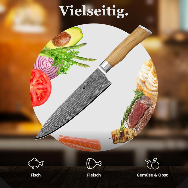 Wakoli Oliven Damastmesser - sehr hochwertiges Profi Messer mit Olivenholz Griff mit Damast Klinge,