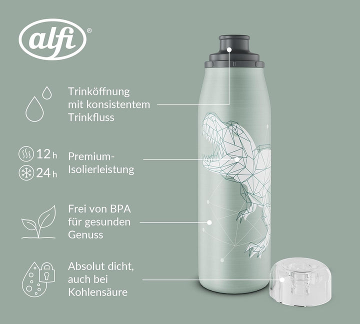 alfi KIDS ISO BOTTLE 500ml, Dinos, Isoliertrinkflasche Kinder Edelstahl, absolut dicht mit Drehversc