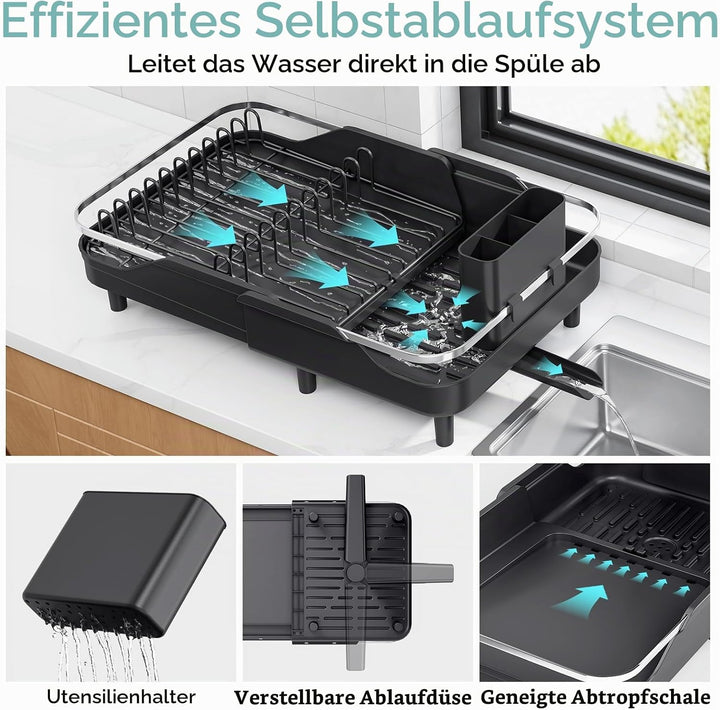 Urackify Ausziehbares Abtropfgestell, Schwarz | 32-52CM, Edelstahl, Grosszügiger Geschirrabtropfgest